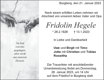 Traueranzeige von Fridolin Hegele von Heidenheimer Zeitung