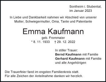 Traueranzeige von Emma Kaufmann von Heidenheimer Zeitung