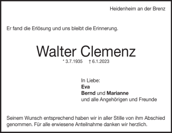 Traueranzeige von Walter Clemenz von Heidenheimer Zeitung