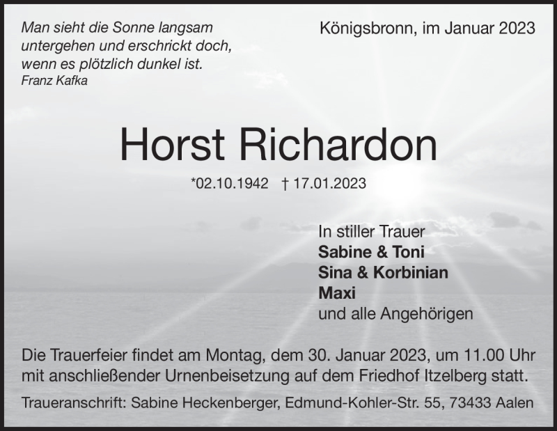  Traueranzeige für Horst Richardon vom 24.01.2023 aus Heidenheimer Zeitung