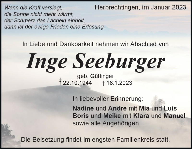  Traueranzeige für Inge Seeburger vom 21.01.2023 aus Heidenheimer Zeitung
