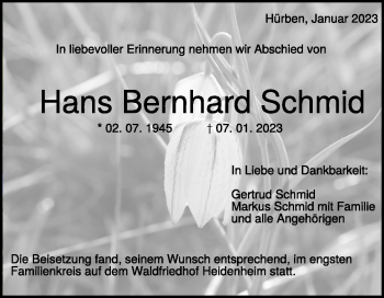 Traueranzeige von Hans Bernhard Schmid von Heidenheimer Zeitung
