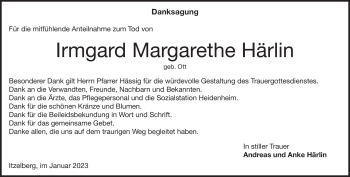Traueranzeige von Irmgard Margarethe Härlin von Heidenheimer Zeitung