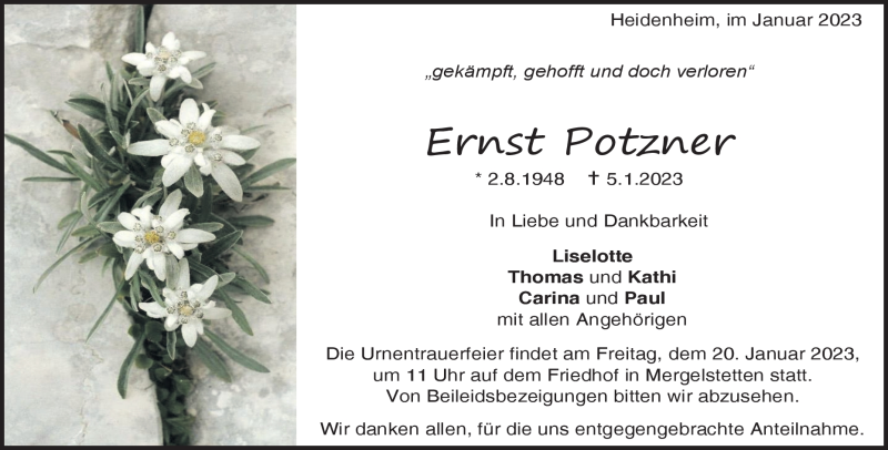  Traueranzeige für Ernst Potzner vom 11.01.2023 aus Heidenheimer Zeitung
