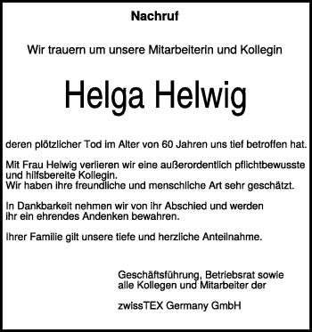 Traueranzeige von Helga Helwig von Heidenheimer Zeitung