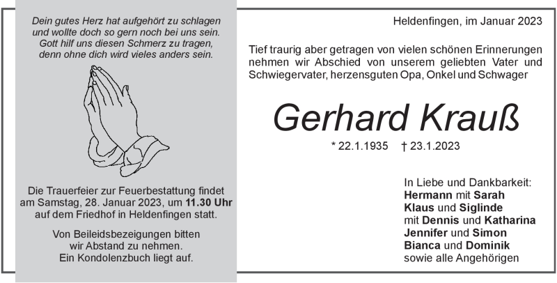  Traueranzeige für Gerhard Krauß vom 26.01.2023 aus Heidenheimer Zeitung