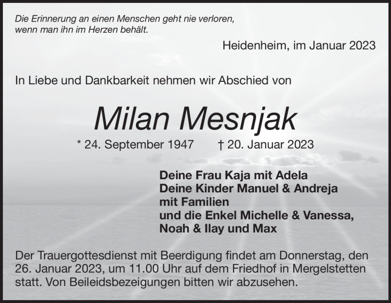  Traueranzeige für Milan Mesnjak vom 24.01.2023 aus Heidenheimer Zeitung