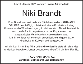 Traueranzeige von Niki Brandt von Heidenheimer Zeitung