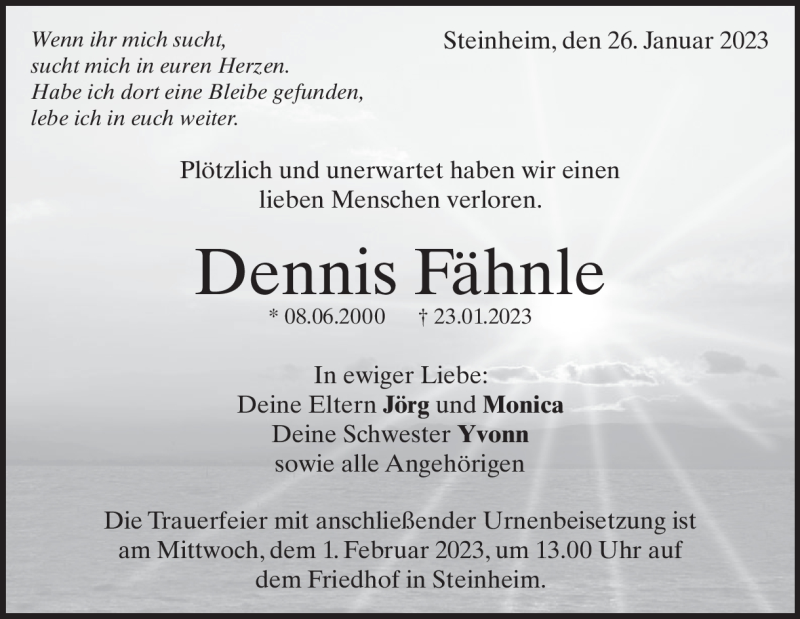  Traueranzeige für Dennis Fähnle vom 26.01.2023 aus Heidenheimer Zeitung