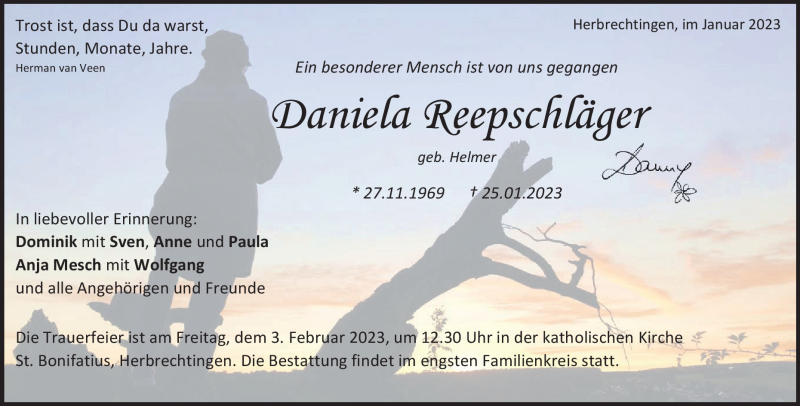  Traueranzeige für Daniela Reepschläger vom 31.01.2023 aus Heidenheimer Zeitung