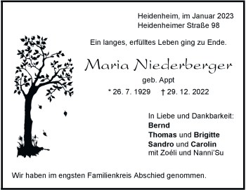 Traueranzeige von Maria Niederberger von Heidenheimer Zeitung