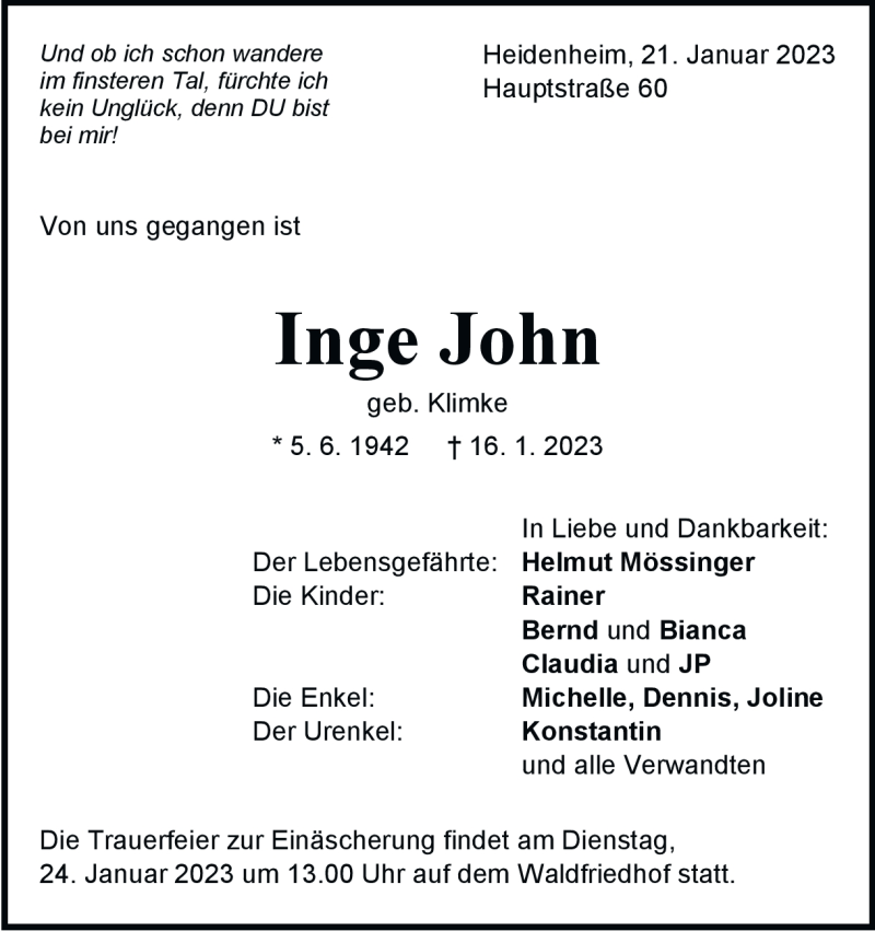  Traueranzeige für Inge John vom 21.01.2023 aus Heidenheimer Zeitung