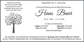 Traueranzeige von Hans Baur von Heidenheimer Zeitung