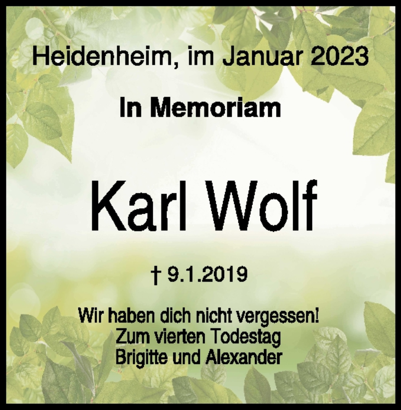  Traueranzeige für Karl Wolf vom 09.01.2023 aus Heidenheimer Zeitung