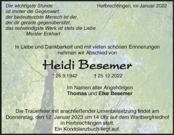 Traueranzeige von Heidi Besemer von Heidenheimer Zeitung
