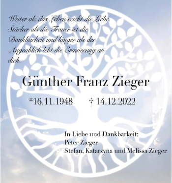Traueranzeige von Günther Franz Zieger von Heidenheimer Zeitung