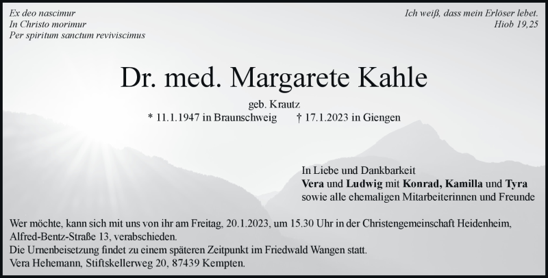  Traueranzeige für Dr. med. Margarete Kahle vom 19.01.2023 aus Heidenheimer Zeitung