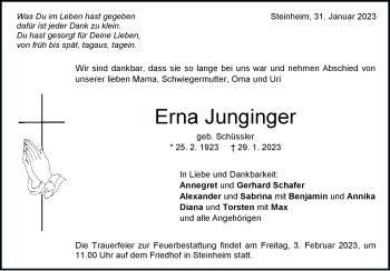 Traueranzeige von Erna Junginger von Heidenheimer Zeitung