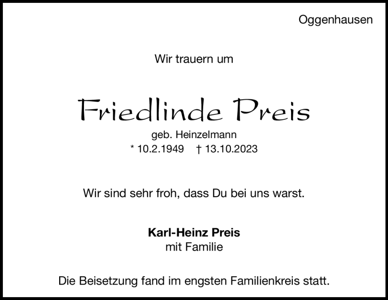  Traueranzeige für Friedlinde Preis vom 31.10.2023 aus Heidenheimer Zeitung