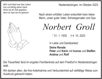 Traueranzeige von Norbert Groll von Heidenheimer Zeitung