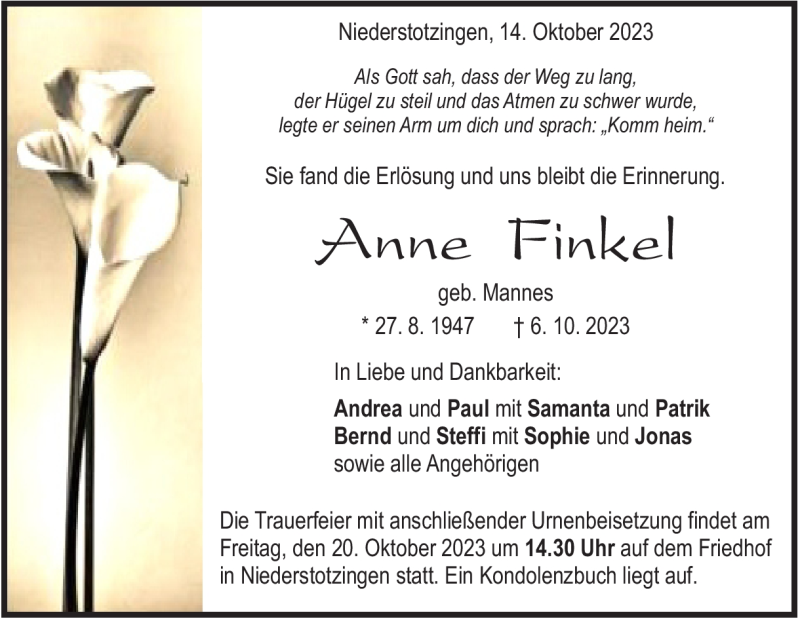  Traueranzeige für Anne Finkel vom 14.10.2023 aus Heidenheimer Zeitung
