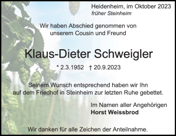 Traueranzeige von Klaus-Dieter Schweigler von Heidenheimer Zeitung