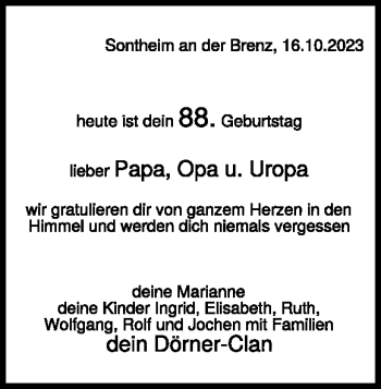 Traueranzeige von Hans Dörner von Heidenheimer Zeitung