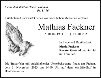 Traueranzeige von Mathias Fackner von Heidenheimer Zeitung