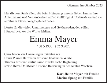 Traueranzeige von Emma Mayer von Heidenheimer Zeitung
