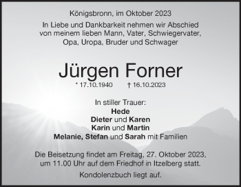 Traueranzeige von Jürgen Forner von Heidenheimer Zeitung