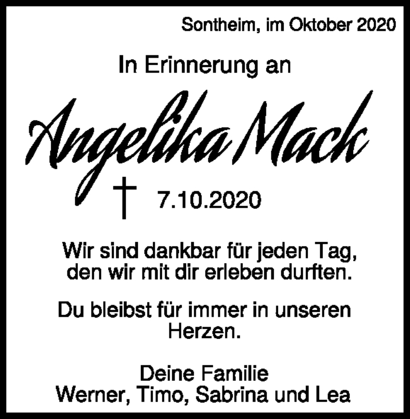  Traueranzeige für Angelika Mack vom 07.10.2023 aus Heidenheimer Zeitung