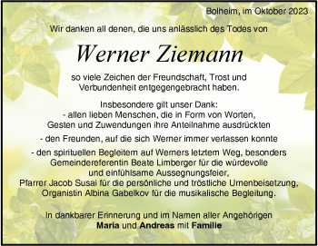 Traueranzeige von Werner Ziemann von Heidenheimer Zeitung