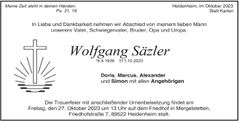 Traueranzeige von Wolfgang Säzler von Heidenheimer Zeitung