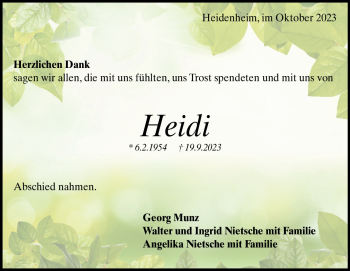 Traueranzeige von Heidi Nietsche von Heidenheimer Zeitung