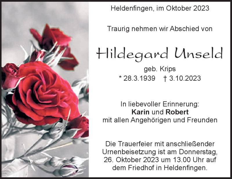 Traueranzeigen Von Hildegard Unseld | Trauer.hz.de