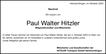 Traueranzeige von Paul Walter Hitzler von Heidenheimer Zeitung