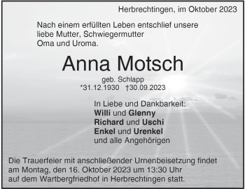 Traueranzeige von Anna Motsch von Heidenheimer Zeitung