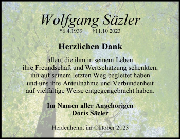 Traueranzeige von Wolfgang Säzler von Heidenheimer Zeitung