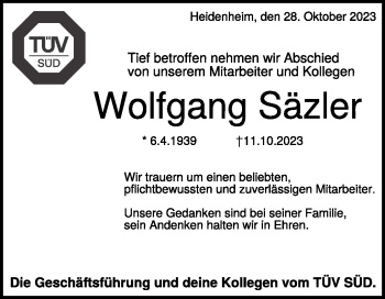 Traueranzeige von Wolfgang Säzler von Heidenheimer Zeitung