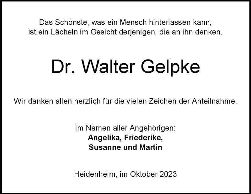 Traueranzeige für Walter Gelpke vom 14.10.2023 aus Heidenheimer Zeitung