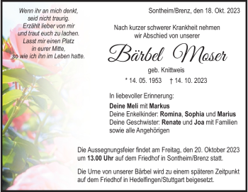 Traueranzeige von Bärbel Moser von Heidenheimer Zeitung