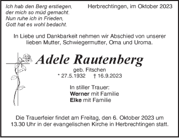 Traueranzeige von Adele Rautenberg von Heidenheimer Zeitung