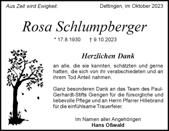 Traueranzeige von Rosa Schlumpberger von Heidenheimer Zeitung