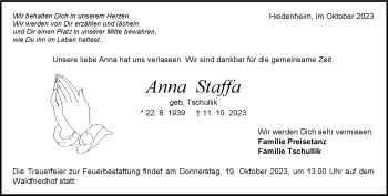 Traueranzeige von Anna Staffa von Heidenheimer Zeitung