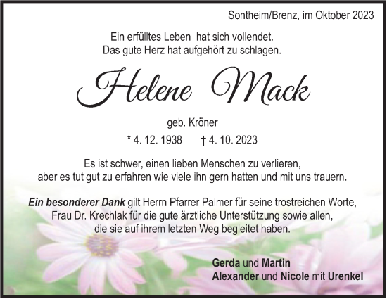 Traueranzeige von Helene Mack von Heidenheimer Zeitung