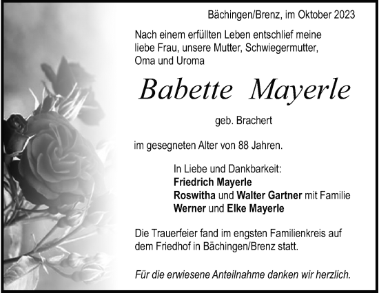 Traueranzeige von Babette Mayerle von Heidenheimer Zeitung