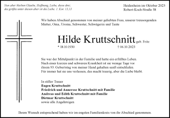 Traueranzeige von Hilde Kruttschnitt von Heidenheimer Zeitung