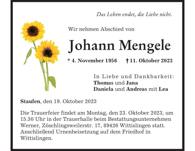  Traueranzeige für Johann Mengele vom 19.10.2023 aus Heidenheimer Zeitung