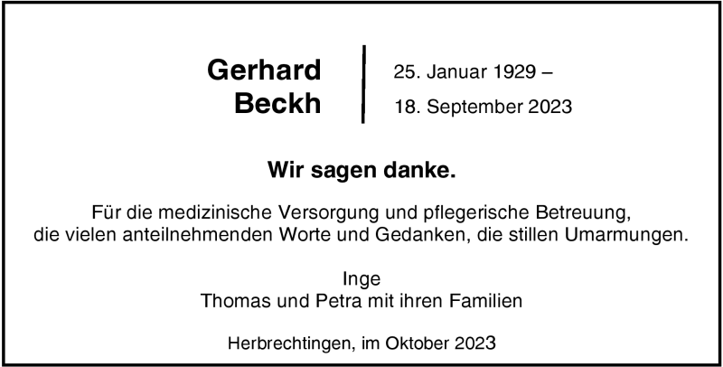  Traueranzeige für Gerhard Beckh vom 14.10.2023 aus Heidenheimer Zeitung
