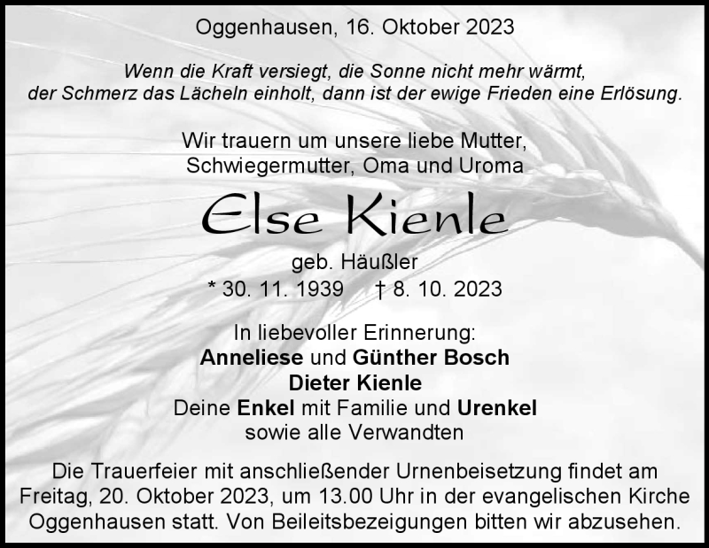  Traueranzeige für Else Kienle vom 16.10.2023 aus Heidenheimer Zeitung